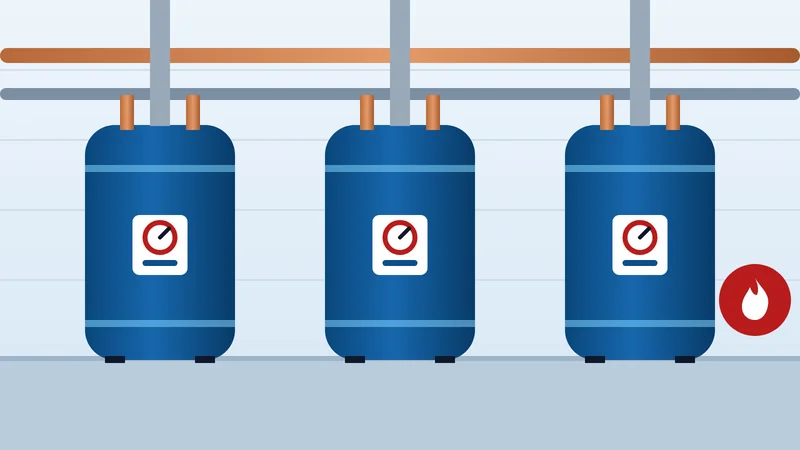 Illustration of commercial water heater services in Everett MA showing three large commercial tanks with copper piping and vent stacks